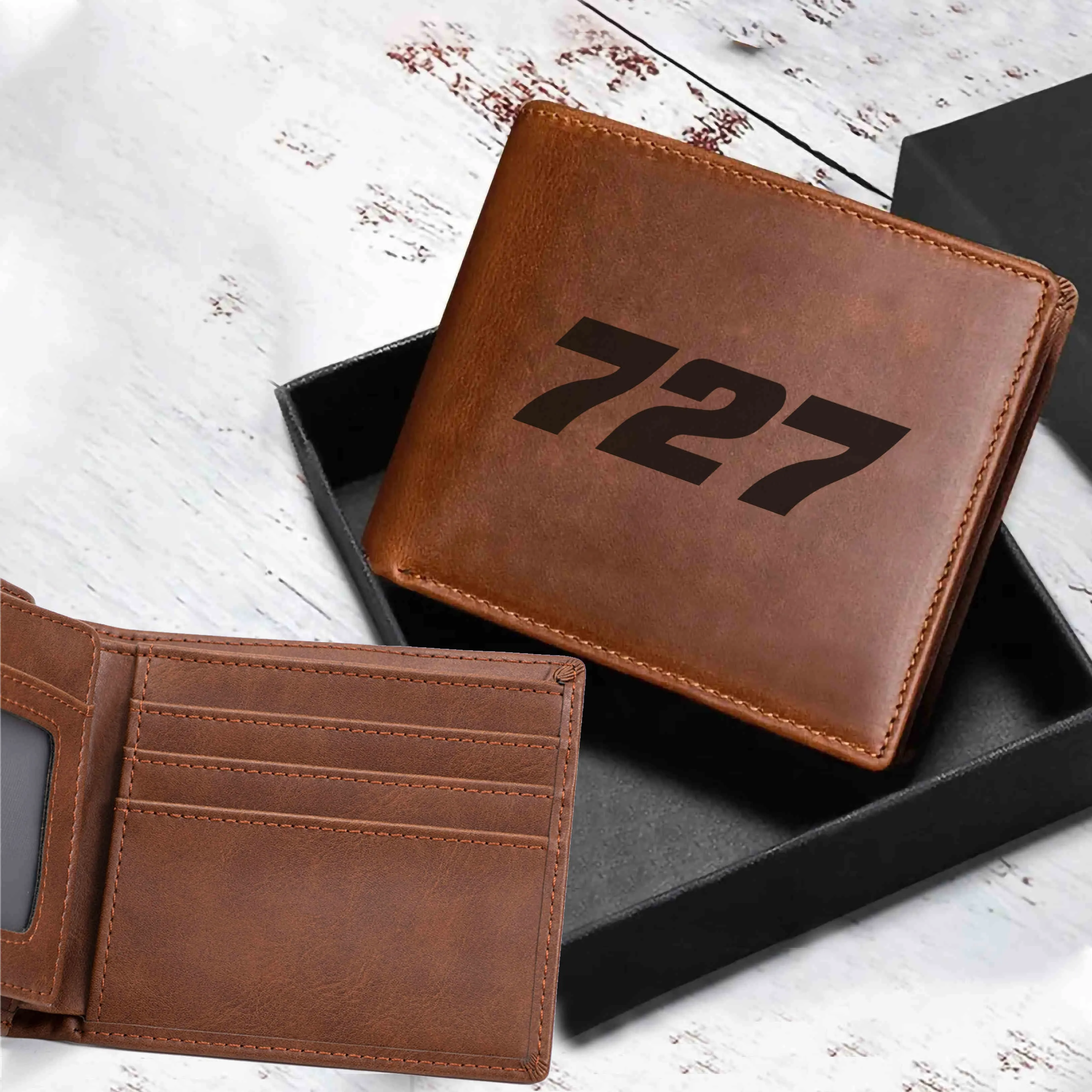 727 Flat Text Designed Laser Leather Wallets