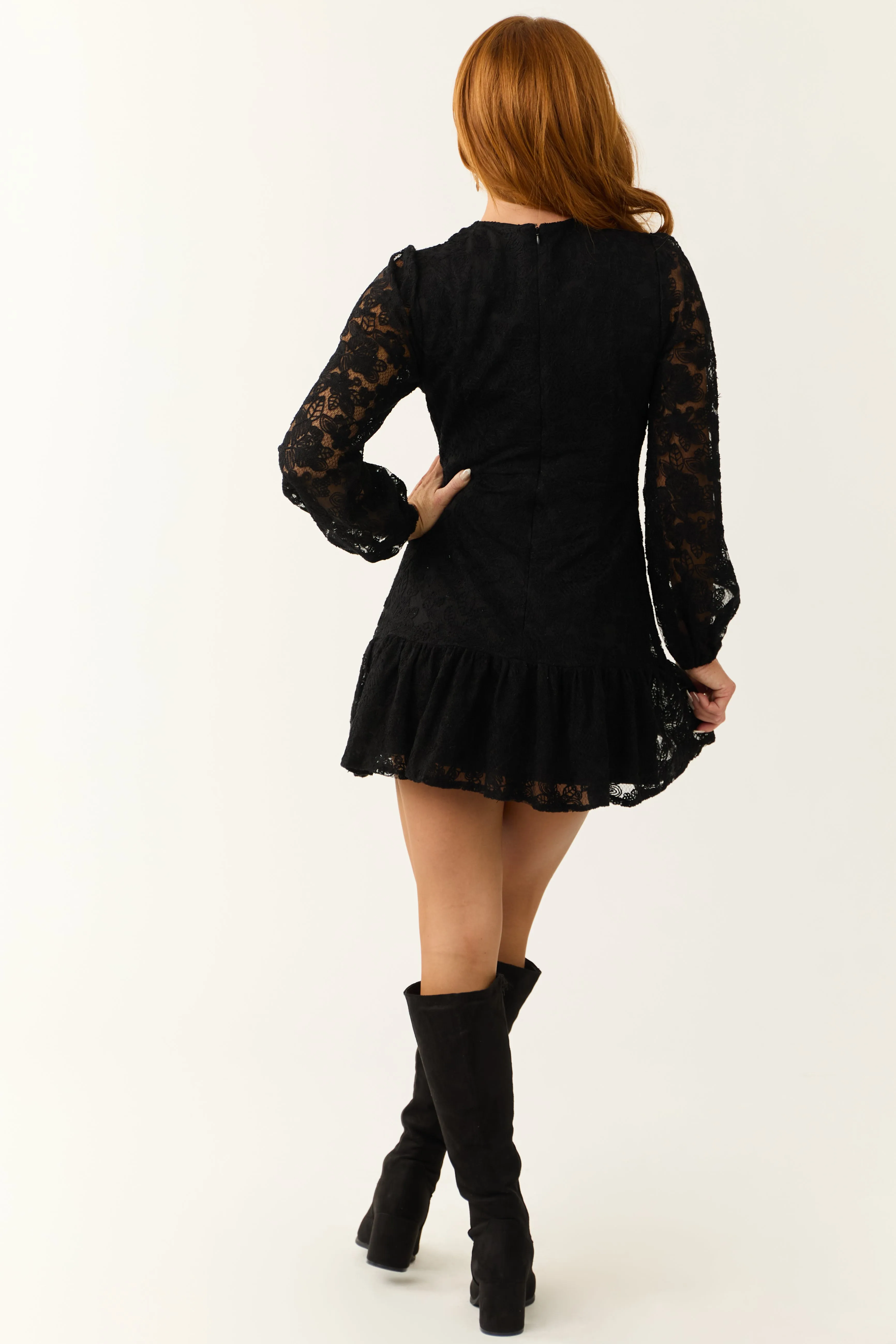 Black Long Sleeve Lace Short Dress with Ruffle Hem