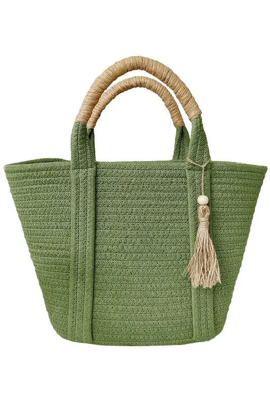 Boho Mode - Olive Tassel Braided Woven Beach Tote