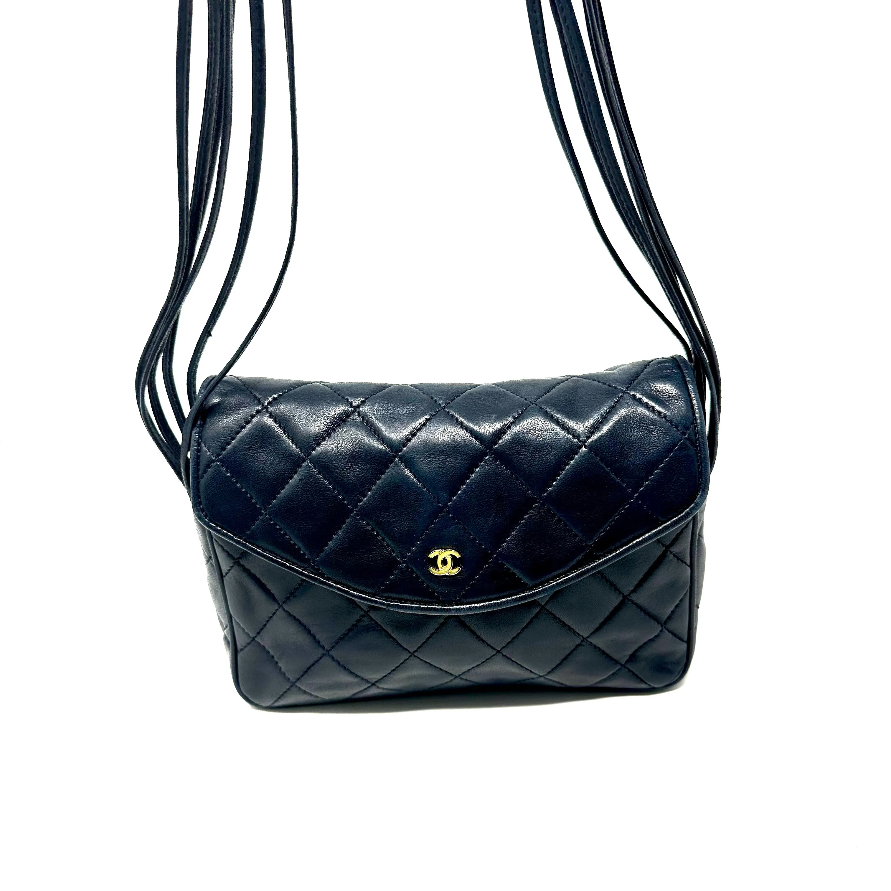 CHANEL Navy Vintage Quilted Flap Bag Multi Strand Shoulder Strap 70's