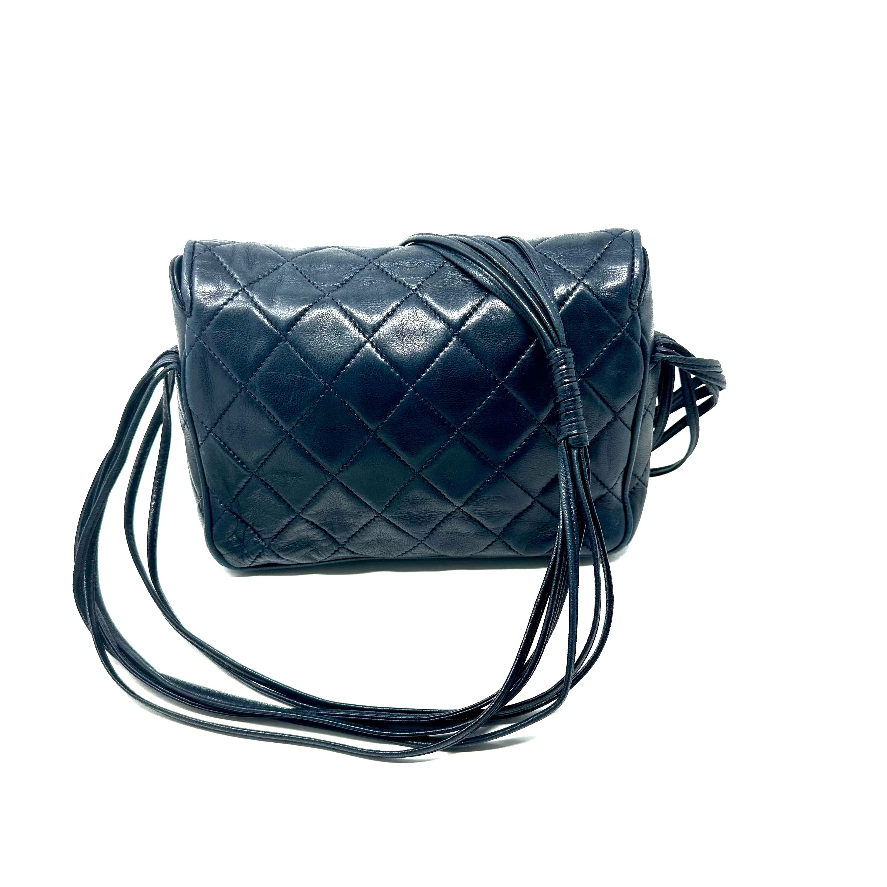 CHANEL Navy Vintage Quilted Flap Bag Multi Strand Shoulder Strap 70's