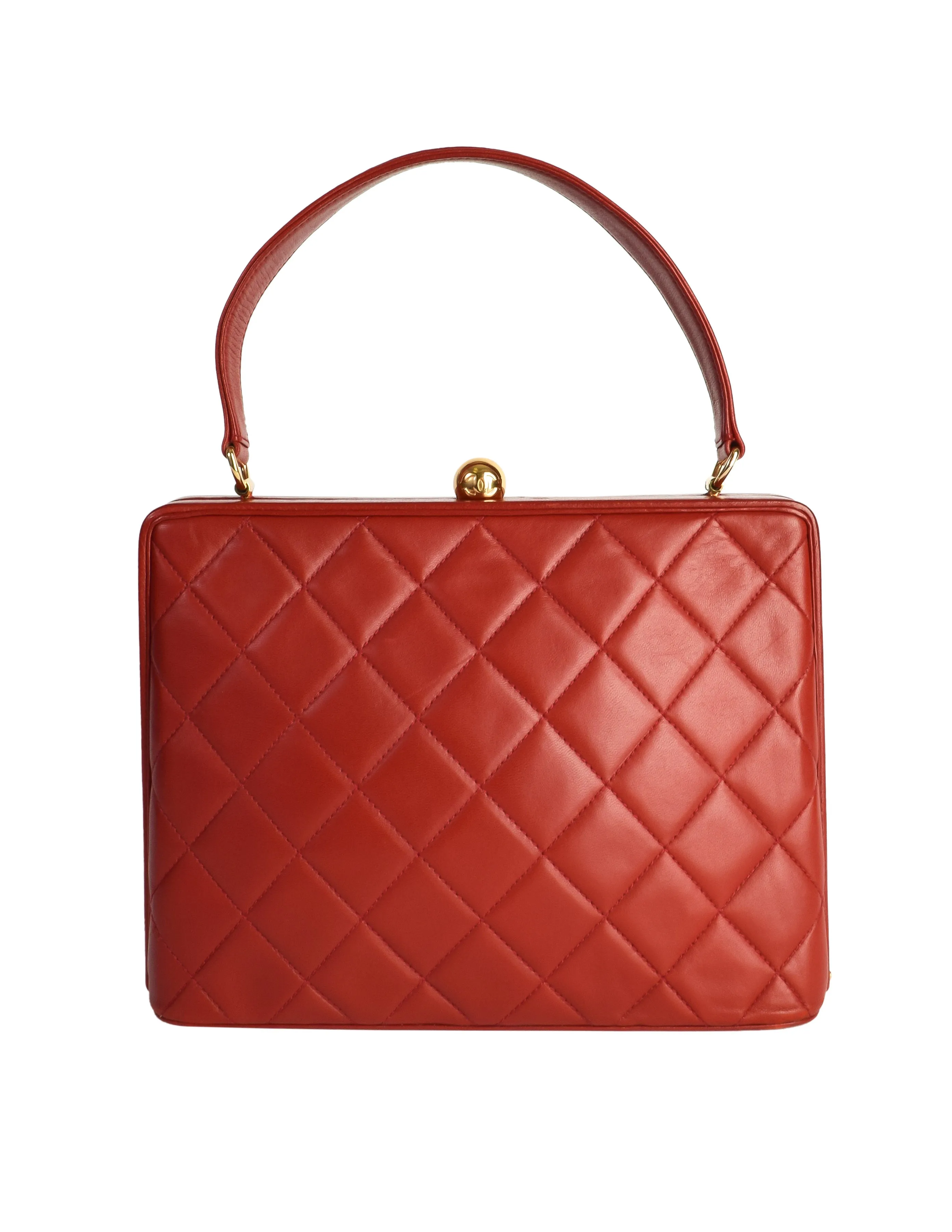 Chanel Vintage Quilted Matelasse Red Lambskin Leather Structured Top Handle Bag