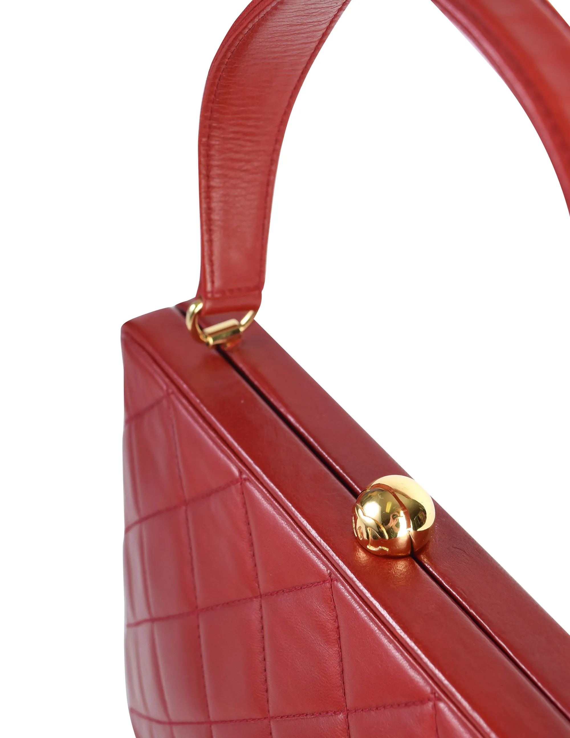 Chanel Vintage Quilted Matelasse Red Lambskin Leather Structured Top Handle Bag