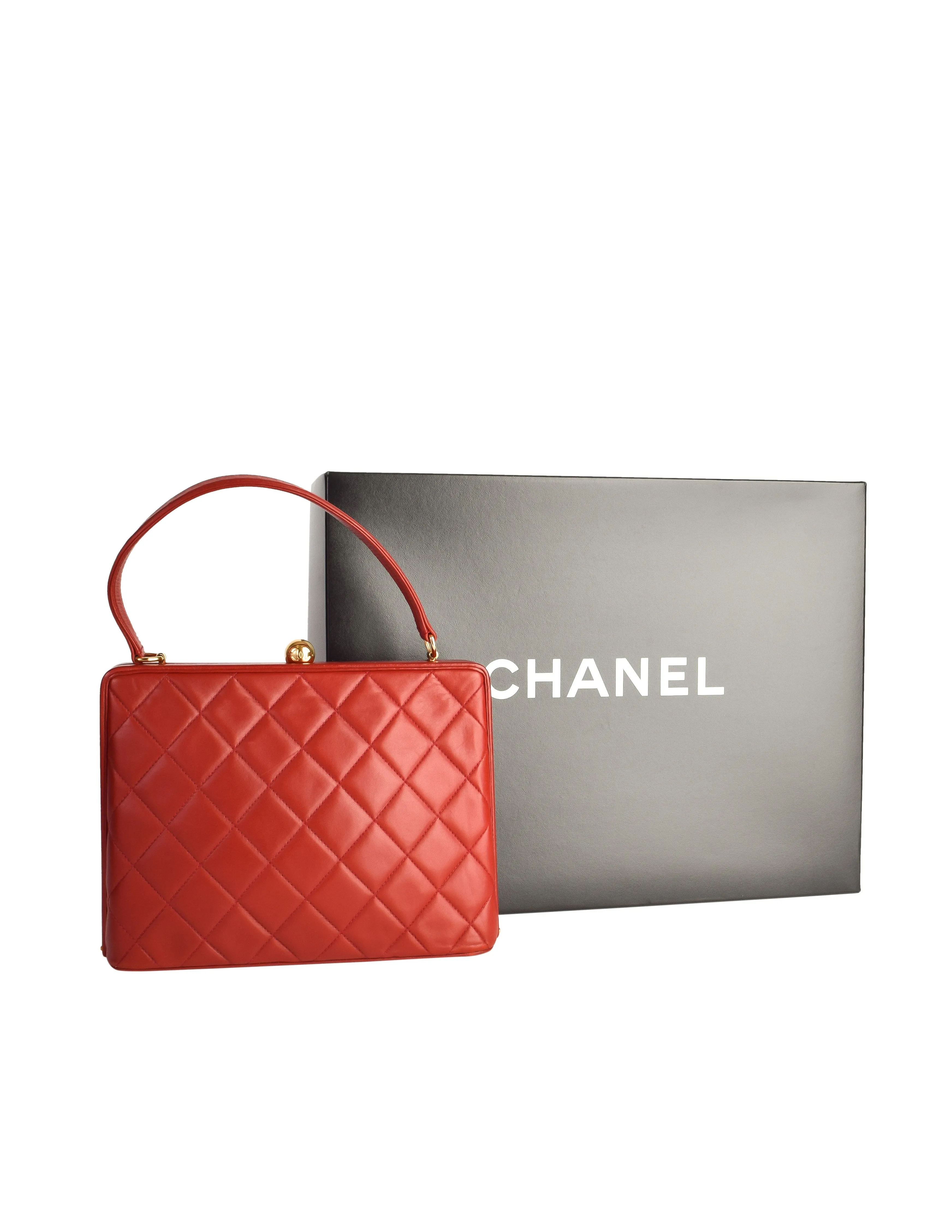 Chanel Vintage Quilted Matelasse Red Lambskin Leather Structured Top Handle Bag