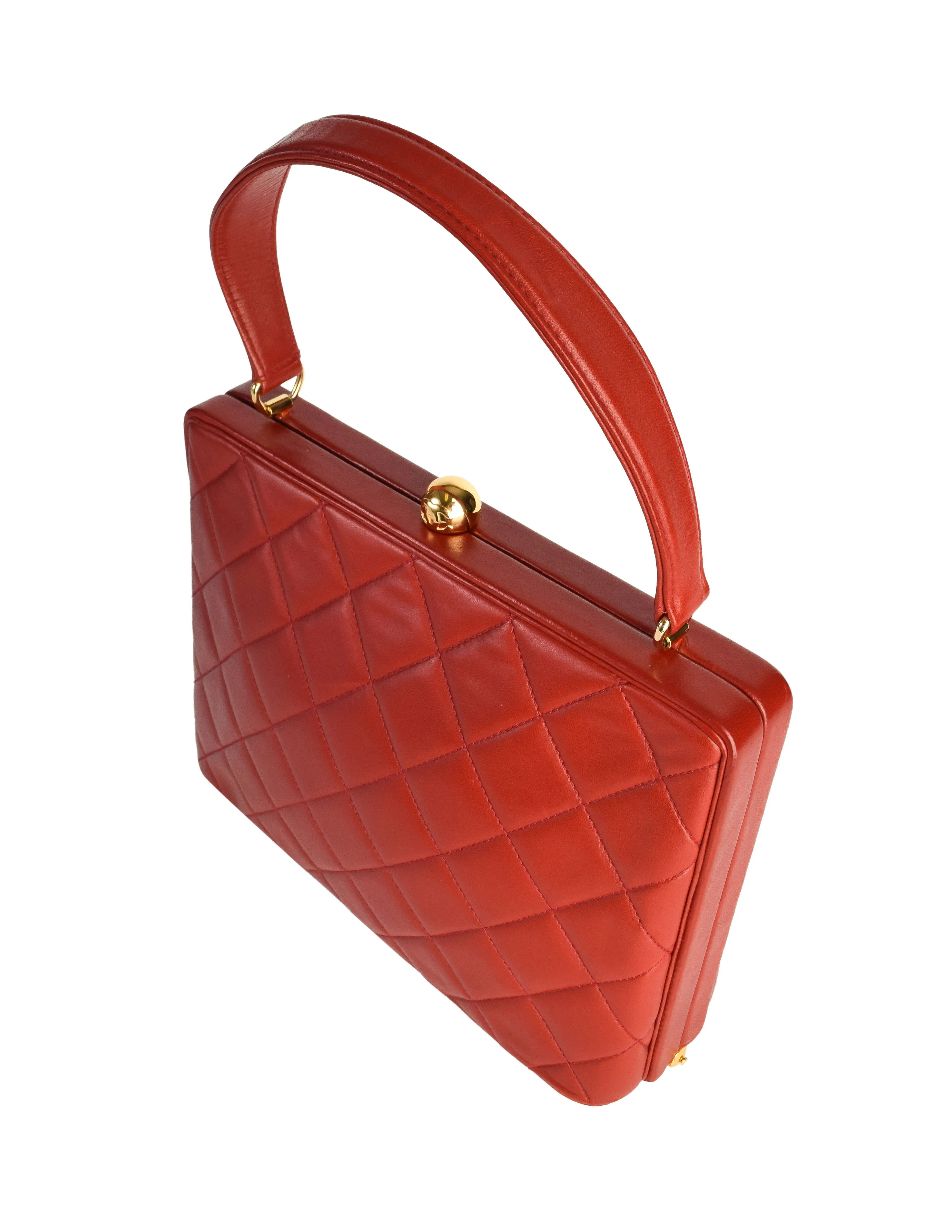 Chanel Vintage Quilted Matelasse Red Lambskin Leather Structured Top Handle Bag