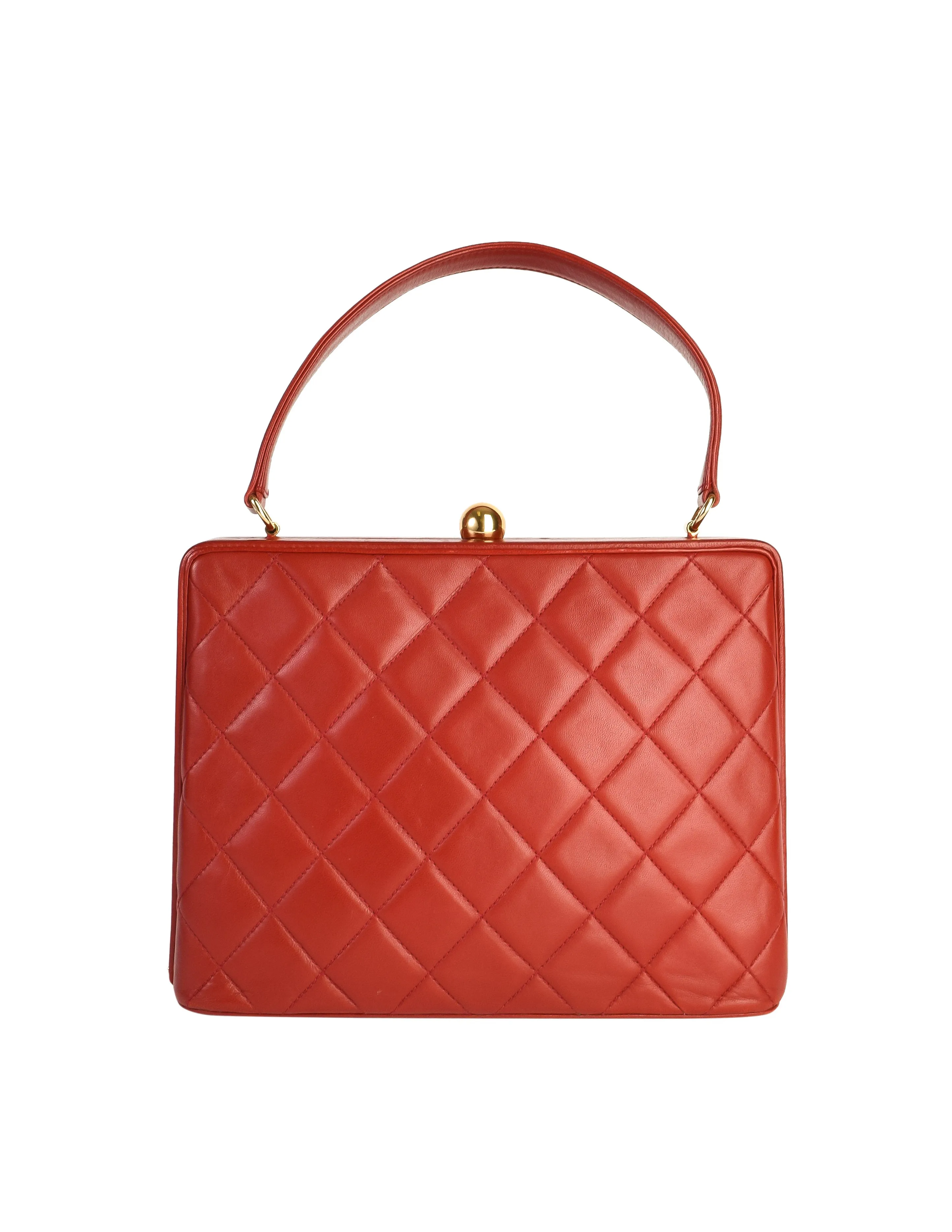 Chanel Vintage Quilted Matelasse Red Lambskin Leather Structured Top Handle Bag