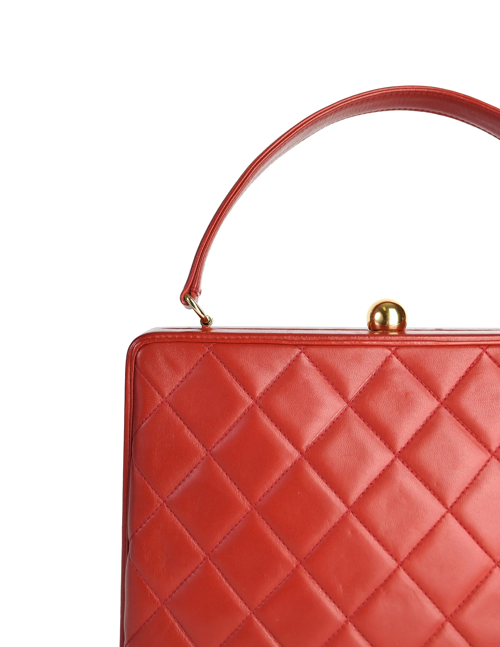 Chanel Vintage Quilted Matelasse Red Lambskin Leather Structured Top Handle Bag