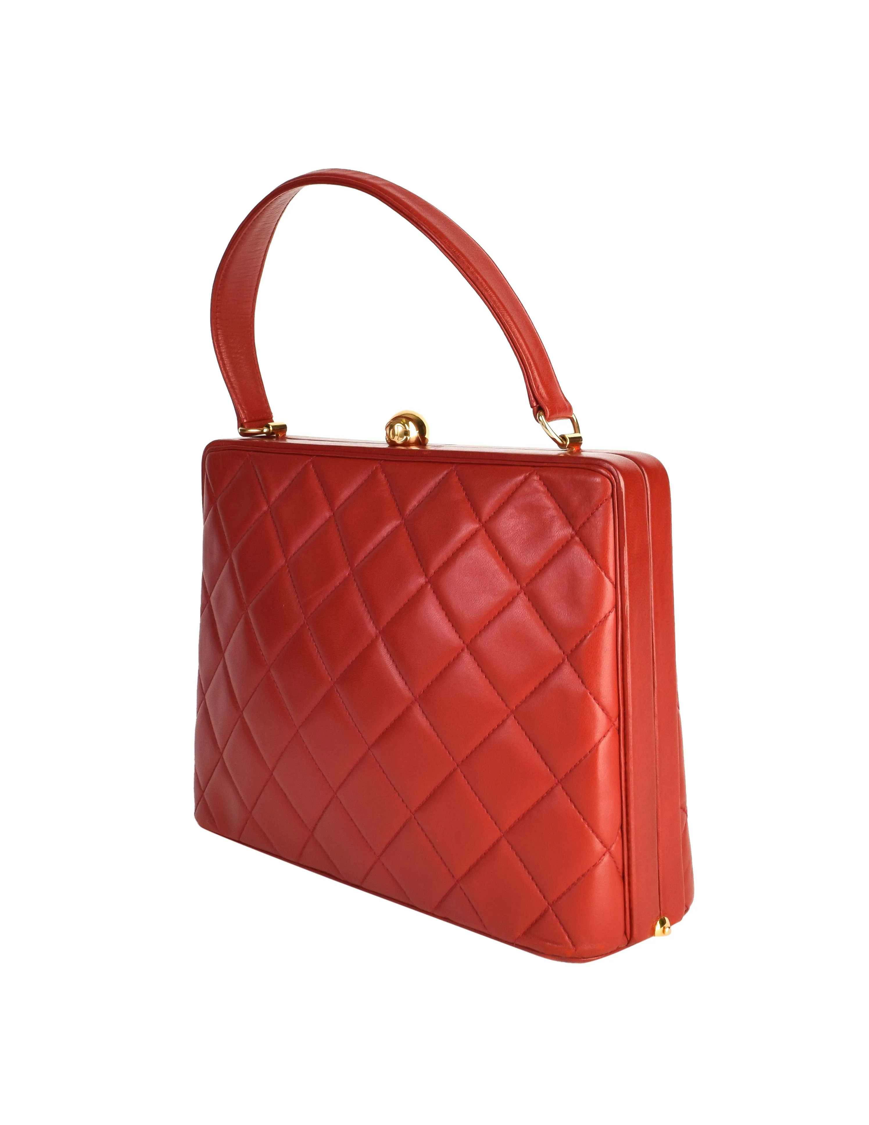 Chanel Vintage Quilted Matelasse Red Lambskin Leather Structured Top Handle Bag