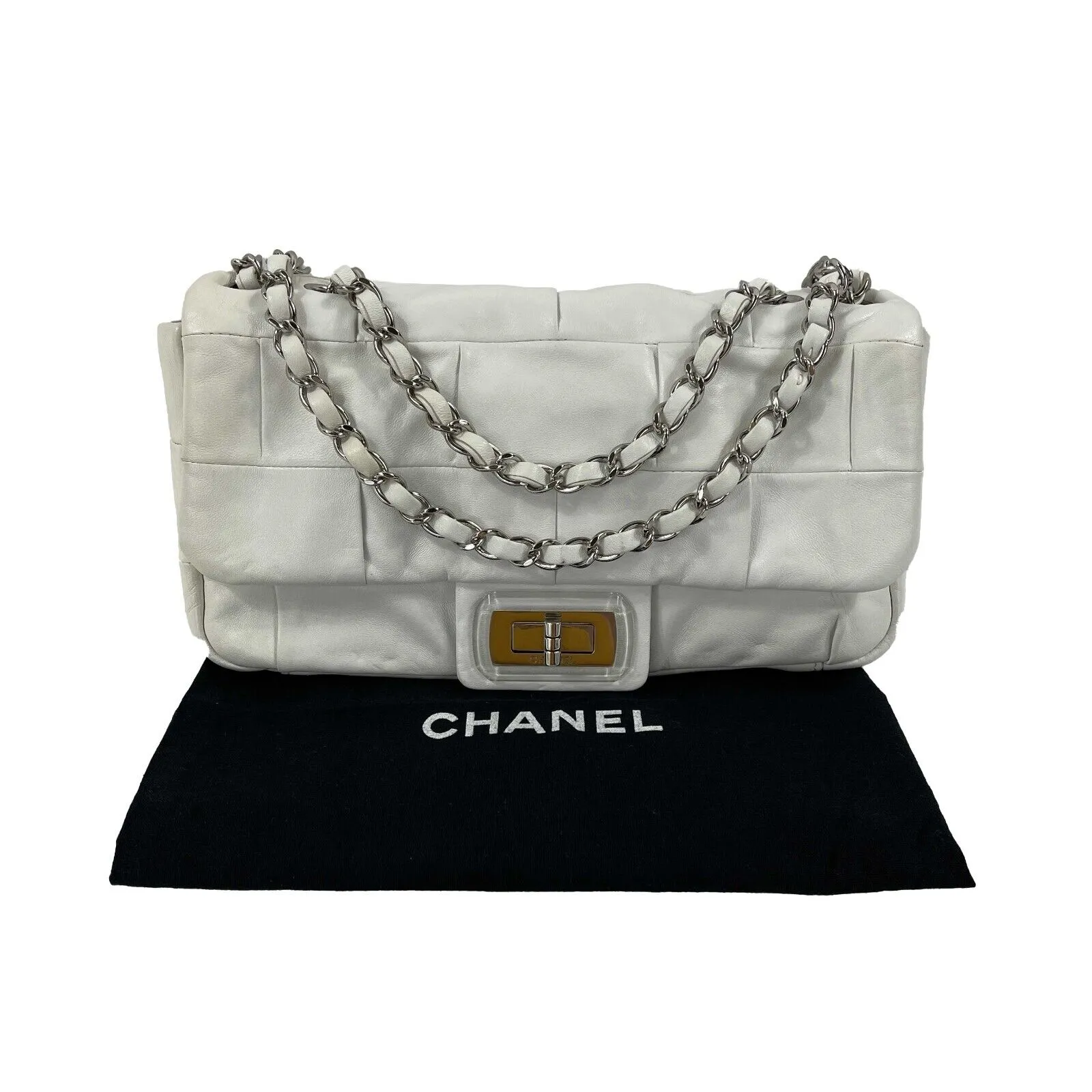 CHANEL - White Lambskin Medium Mademoiselle Lock - Igloo Flap Shoulder Bag