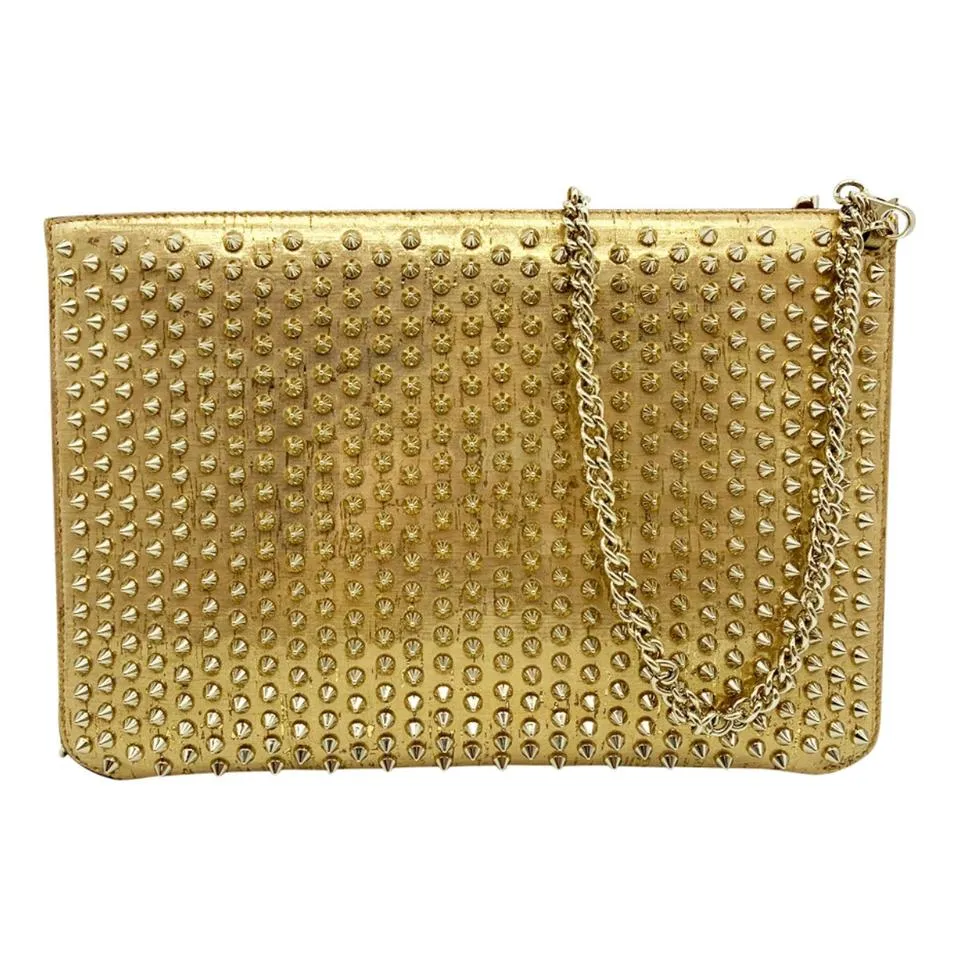 Christian Louboutin Crossbody Clutch Loubiclutch Studded Beige Leather Shoulder Bag