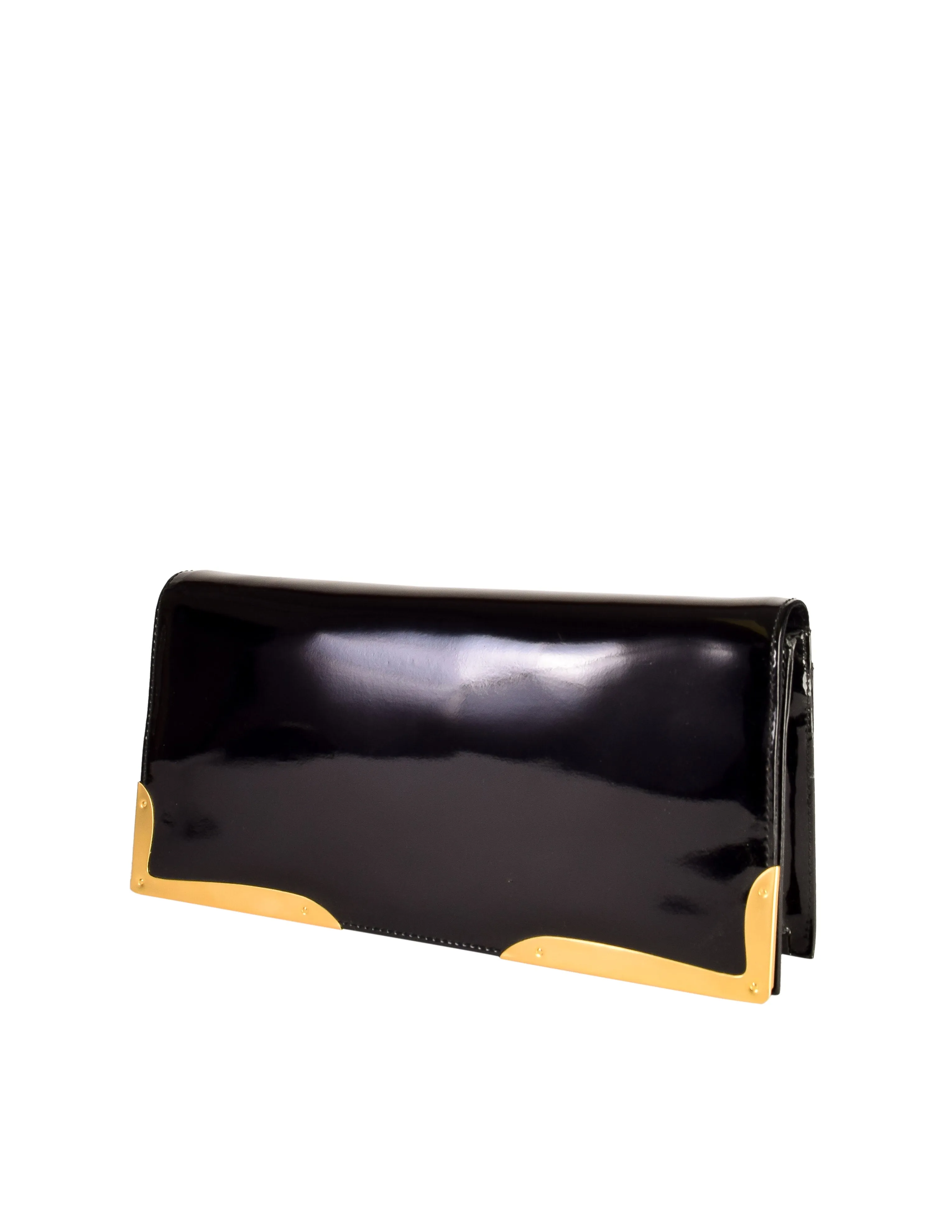 Donna Karan Vintage Black Patent Leather Gold Hardware Crossbody Clutch Bag