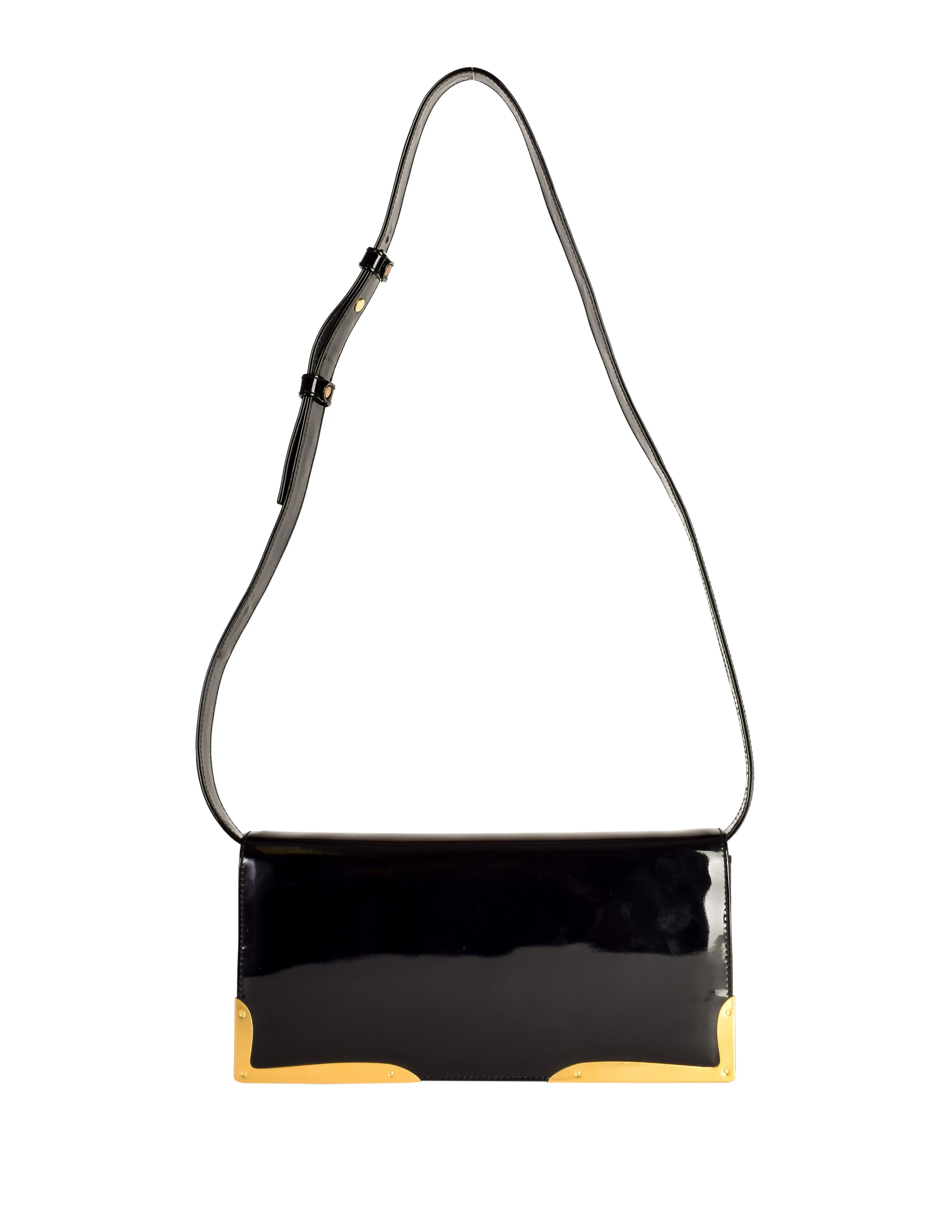 Donna Karan Vintage Black Patent Leather Gold Hardware Crossbody Clutch Bag