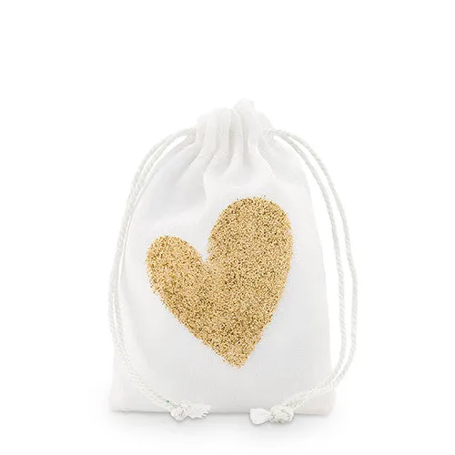 Gold Glitter Heart Muslin Drawstring Favor Bag