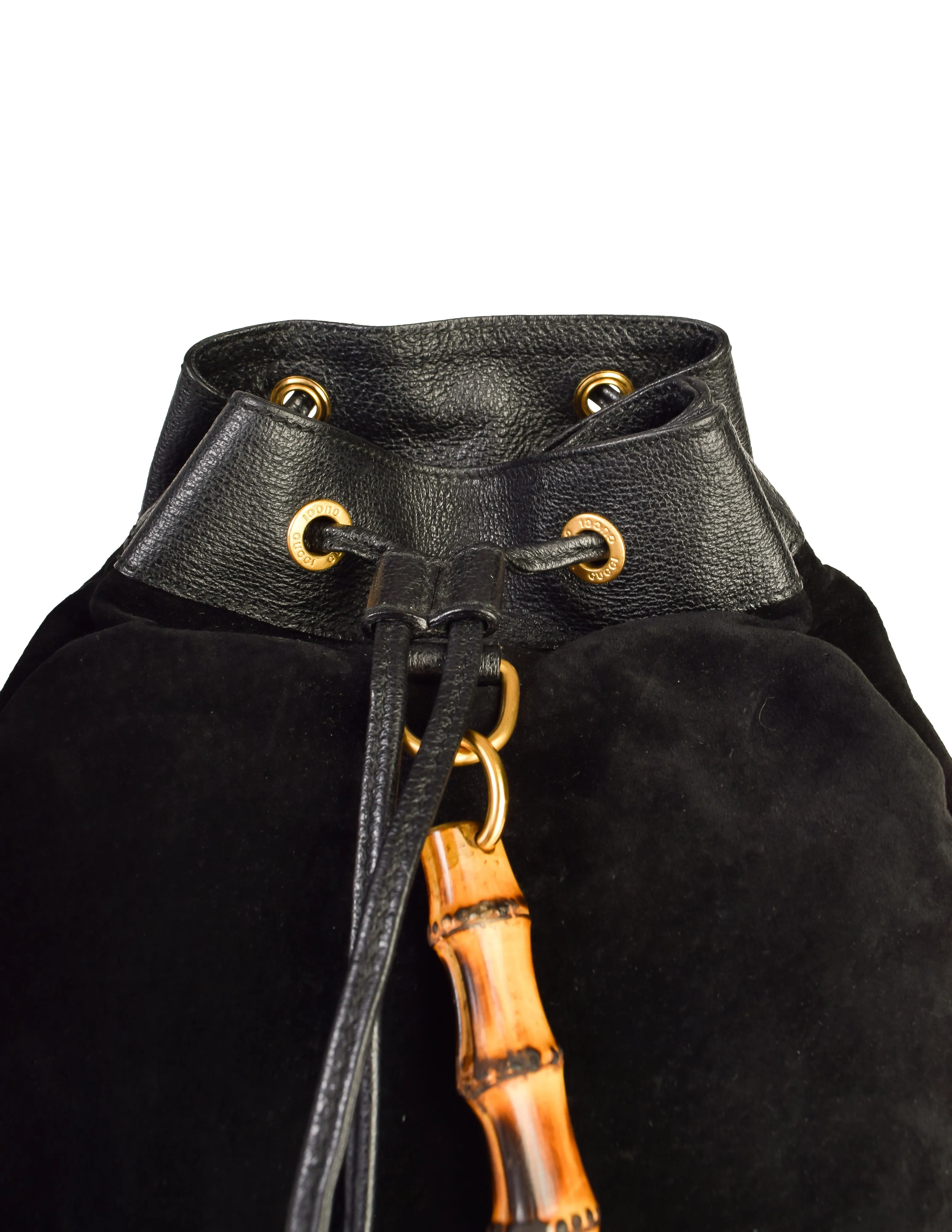 Gucci Vintage 1990s Black Suede Leather Bamboo Handle Backpack