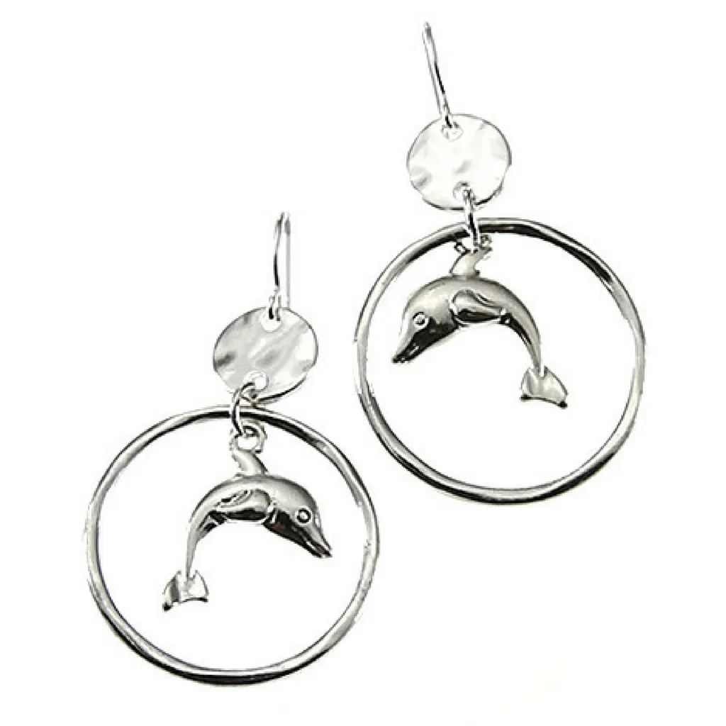 Hammered Circle Hoop Silver Dolphin Earrings