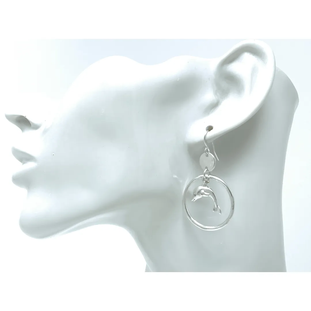 Hammered Circle Hoop Silver Dolphin Earrings