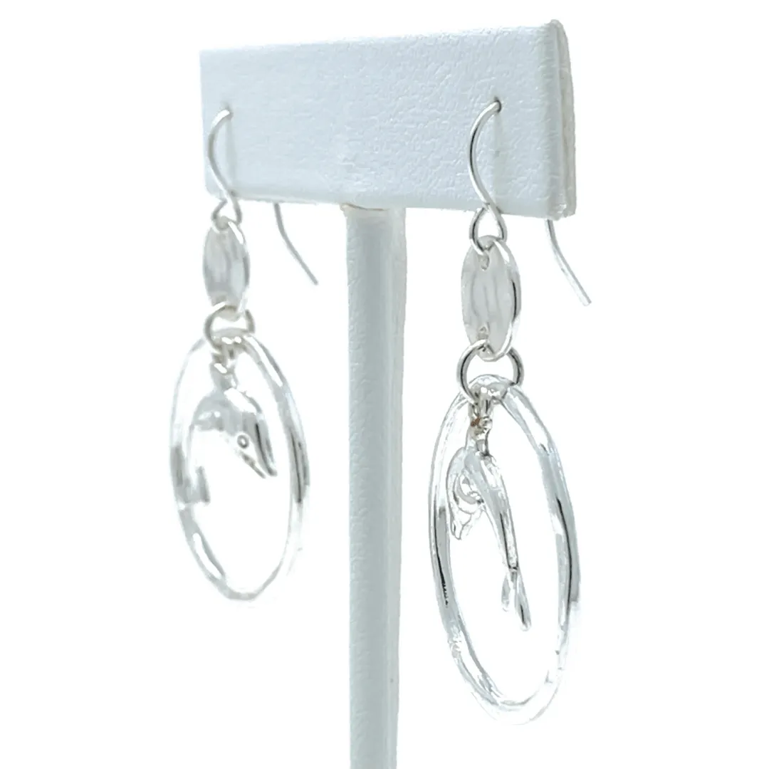 Hammered Circle Hoop Silver Dolphin Earrings