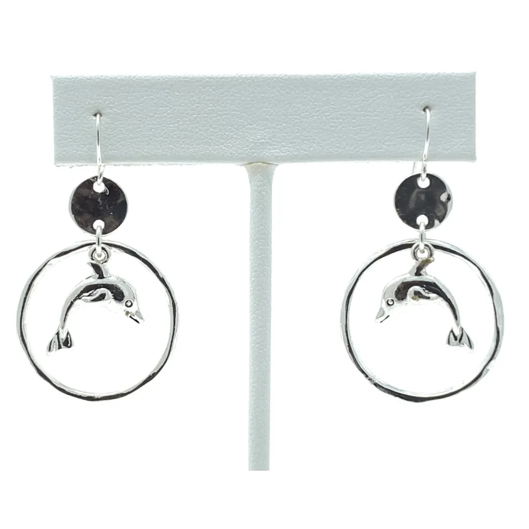 Hammered Circle Hoop Silver Dolphin Earrings