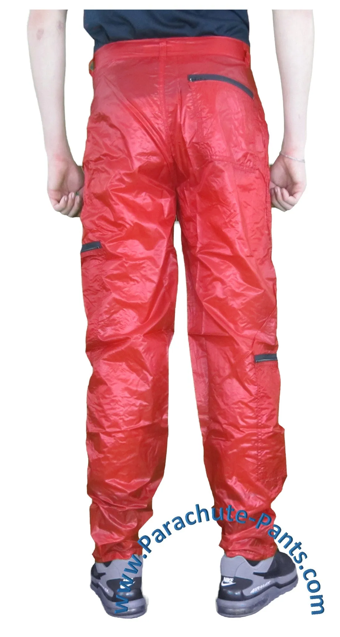 Panno D'Or Red Thin Nylon Parachute Pants with Black Zippers