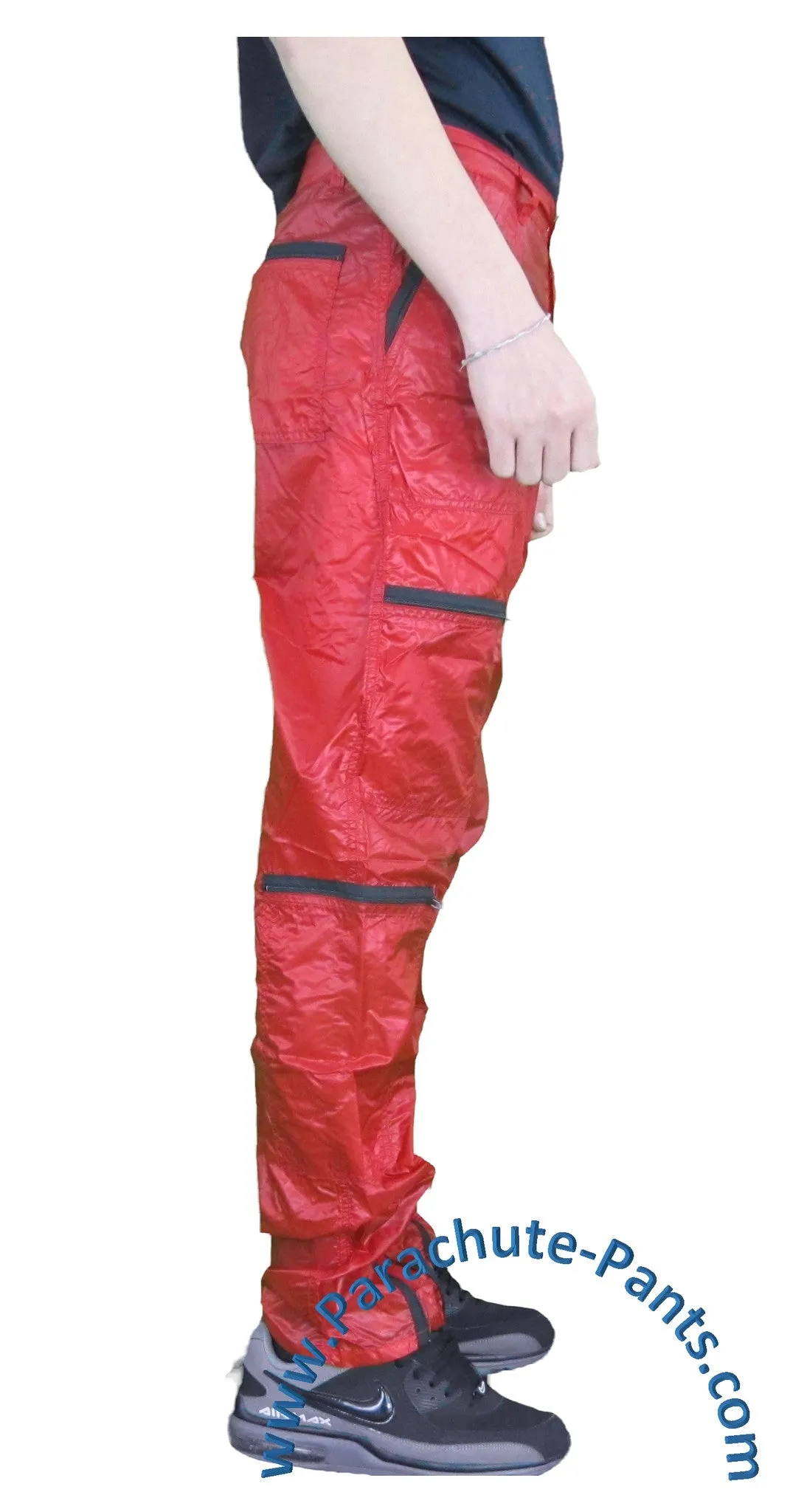 Panno D'Or Red Thin Nylon Parachute Pants with Black Zippers