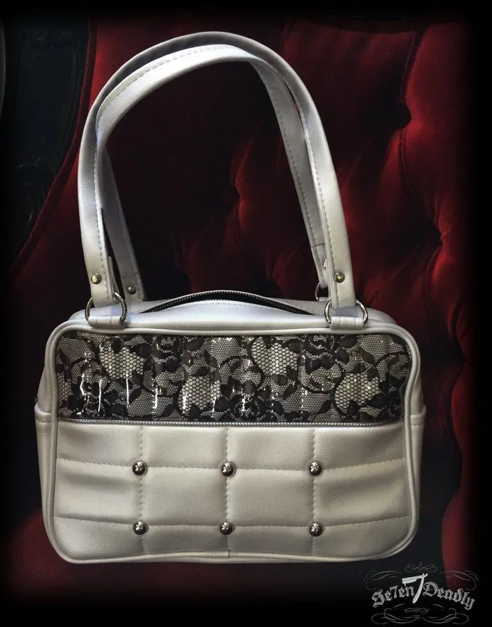 Pearl with Black Chantilly Lace Trim bag by Trophy Queen