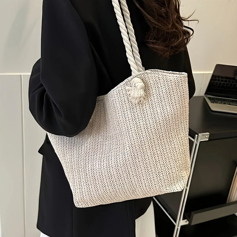 Straw Woven Tote Bag, Large Capacity Shoulder Bag, Women's Casual Handbag For Beach Travel Vacation