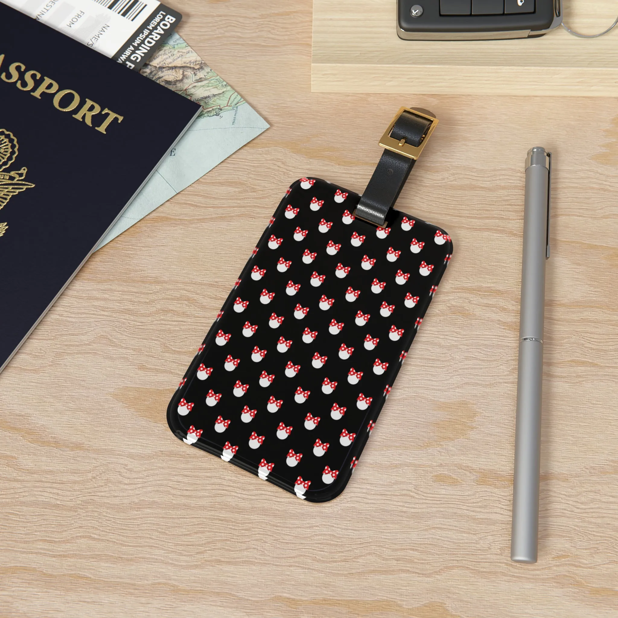 White Polka Dot Red Bow Luggage Tag