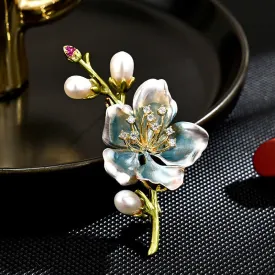 Women's Blue Enamel Magnolia Flower Faux Pearl Brooch