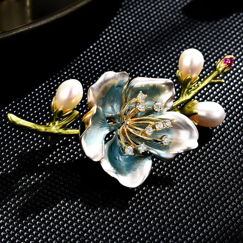 Women's Blue Enamel Magnolia Flower Faux Pearl Brooch