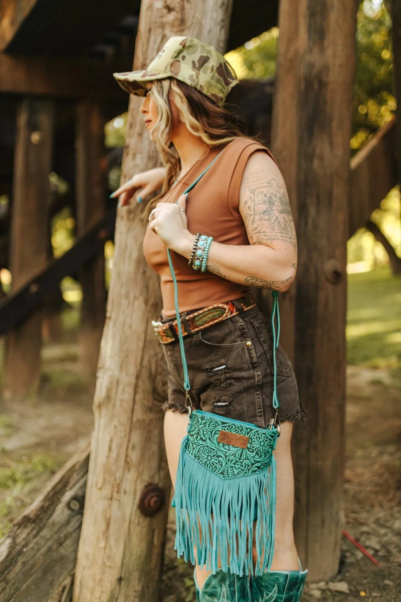 Wrangler Teal Fringe Crossbody Bag